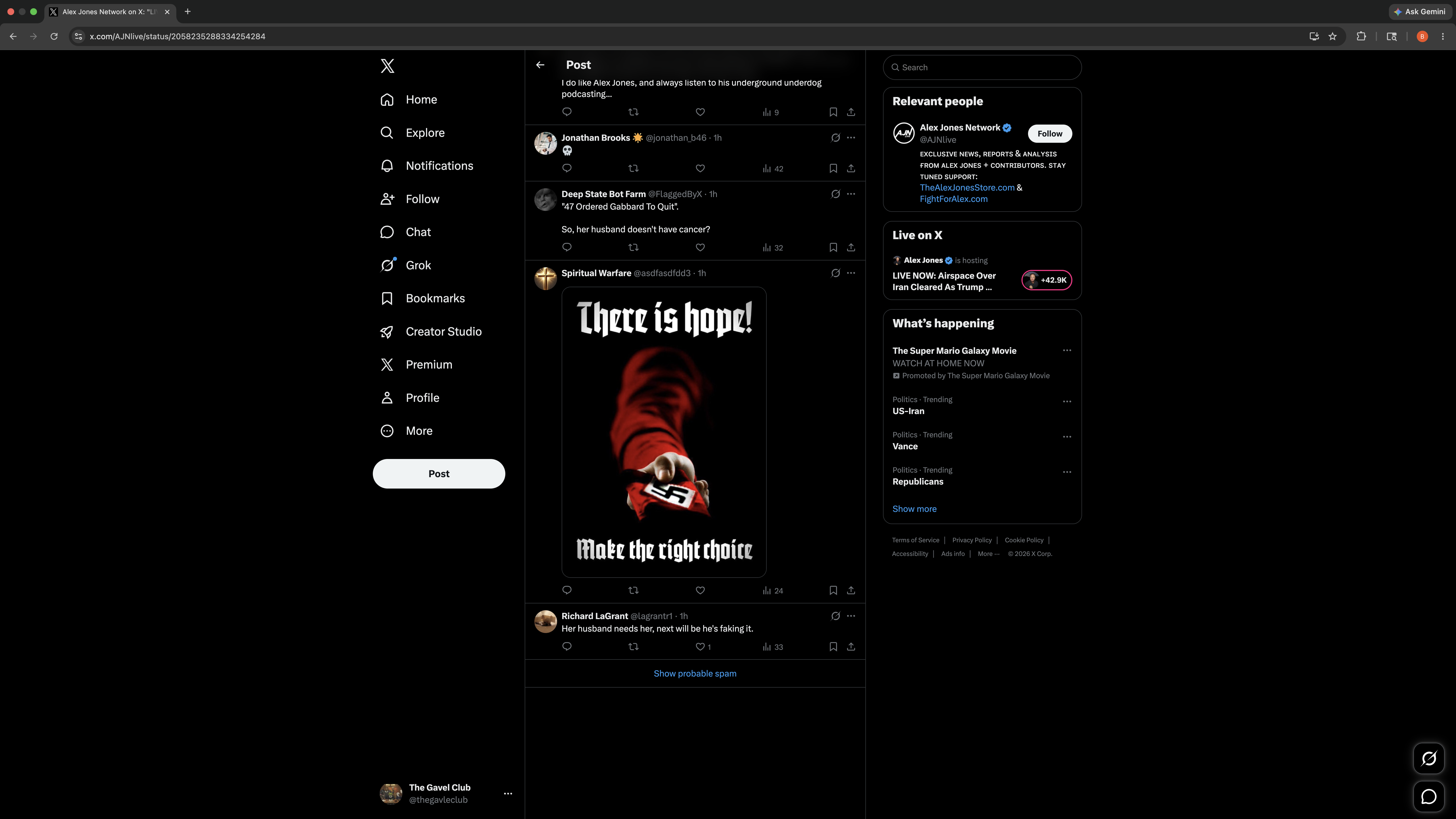 X.com screenshot 1: Alex Jones Network reply thread showing user 'Spiritual Warfare' (@asdfasdfdd3) posting an image with Nazi swastika armband and the caption 'There is hope! Make the right choice.' Post is fully visible in the main reply view with 24 impressions, no content warning, no spam bucket. Captured May 23, 2026 at 1:34:35 PM CDT.